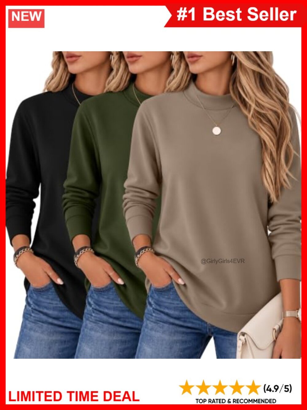3 Pack Women's Mock Neck Sweatshirt 95% Cotton Long Sleeve Relaxed Fit Pullover